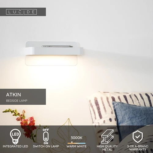 Lucide ATKIN - Bedside lamp / Wall light - LED - 1x6W 3000K - With USB charging point - White - USP
